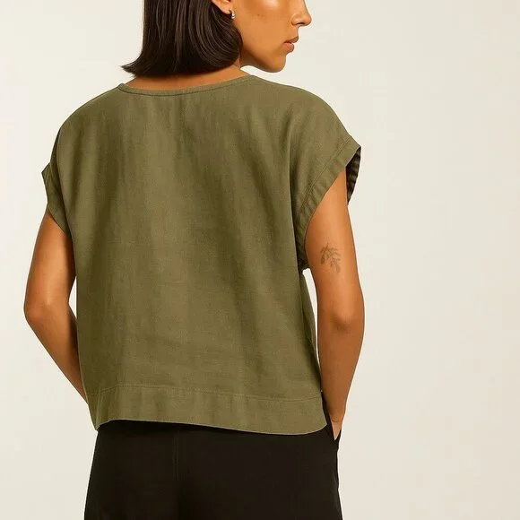 Everlane Linen Side Tie Top Olive Green Minimalist Capsule Wardrobe S - Picture 11 of 13